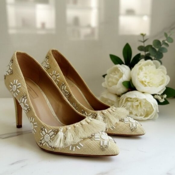 Antonio Melani Heels Beaded Rhinestones Tasseled Tan Shoes Womans Size 9.5 M - Picture 1 of 10